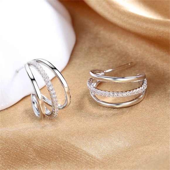 NEW Sterling Silver White Sapphires Triple Half-Hoops - Picture 2 of 4